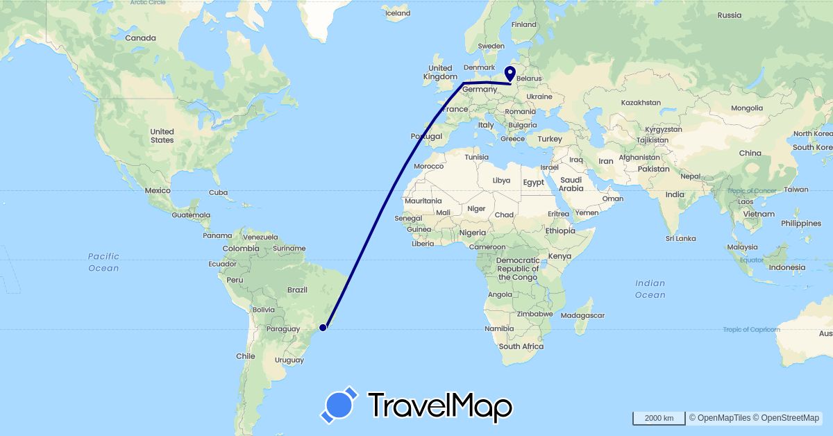 TravelMap itinerary: driving in Brazil, Netherlands, Poland (Europe, South America)