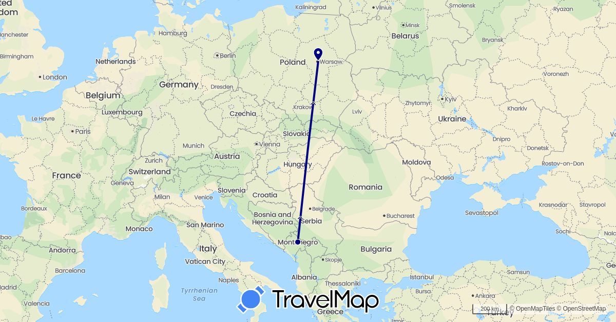 TravelMap itinerary: driving in Montenegro, Poland (Europe)
