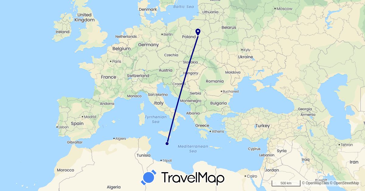 TravelMap itinerary: driving in Malta, Poland (Europe)