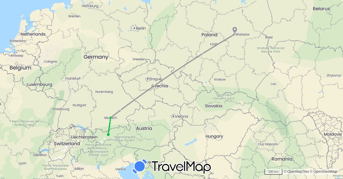 TravelMap itinerary: driving, bus, plane in Austria, Germany, Poland (Europe)