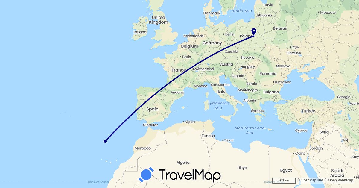 TravelMap itinerary: driving in Poland, Portugal (Europe)